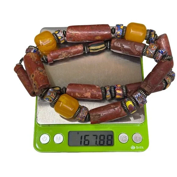 Vintage Ethnic Red Coral & Bakelite Cane Glass Trade Beads Beaded Necklace 27" - Picture 6 of 10